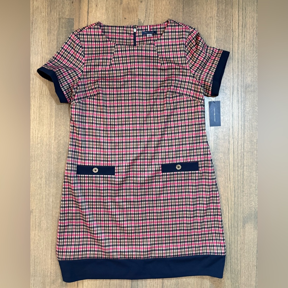 NEW Tommy Hilfiger Houndstooth Shift Dress-Size 14-Navy/Pink